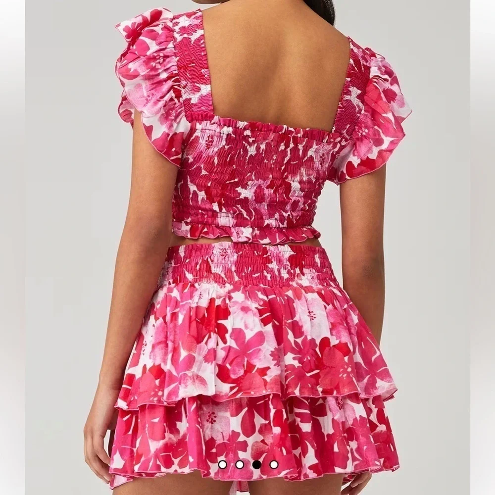 TIARE HAWAII OLIVIA Set Mini SKIRT and Top in Fiji Flowers Pink Smocked 2 Piece